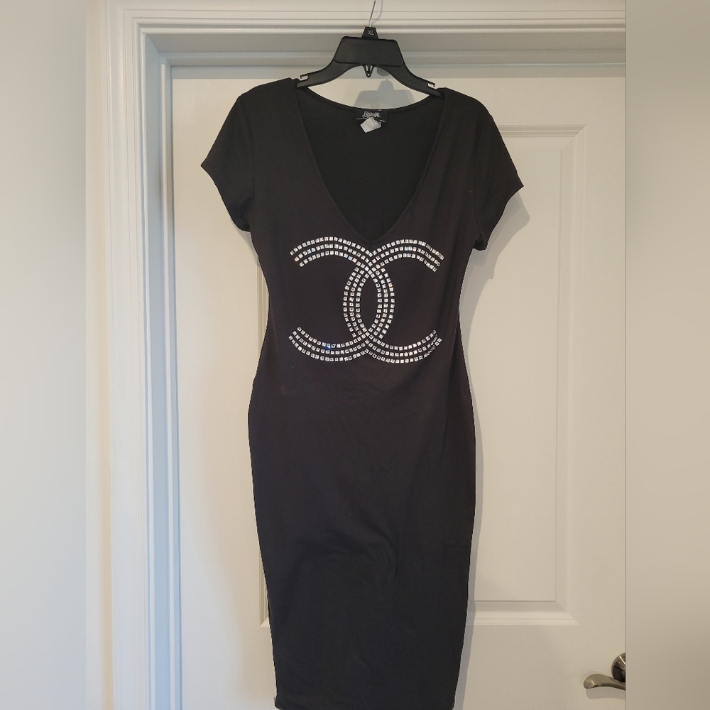 Designer INSPIRED Black V‑Neck Rhinestone Logo Dress